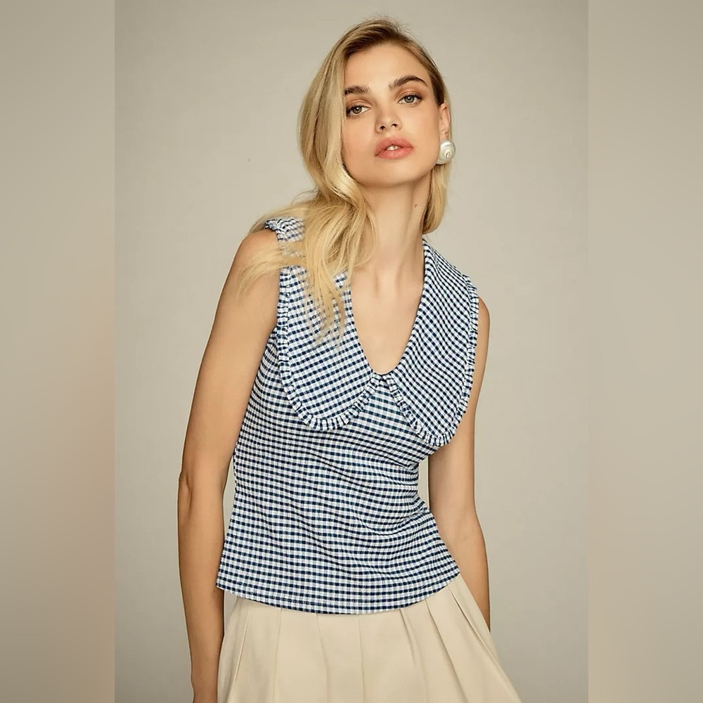 Maeve Blue White Gingham Sleeveless Tank with Peter Pan Collar